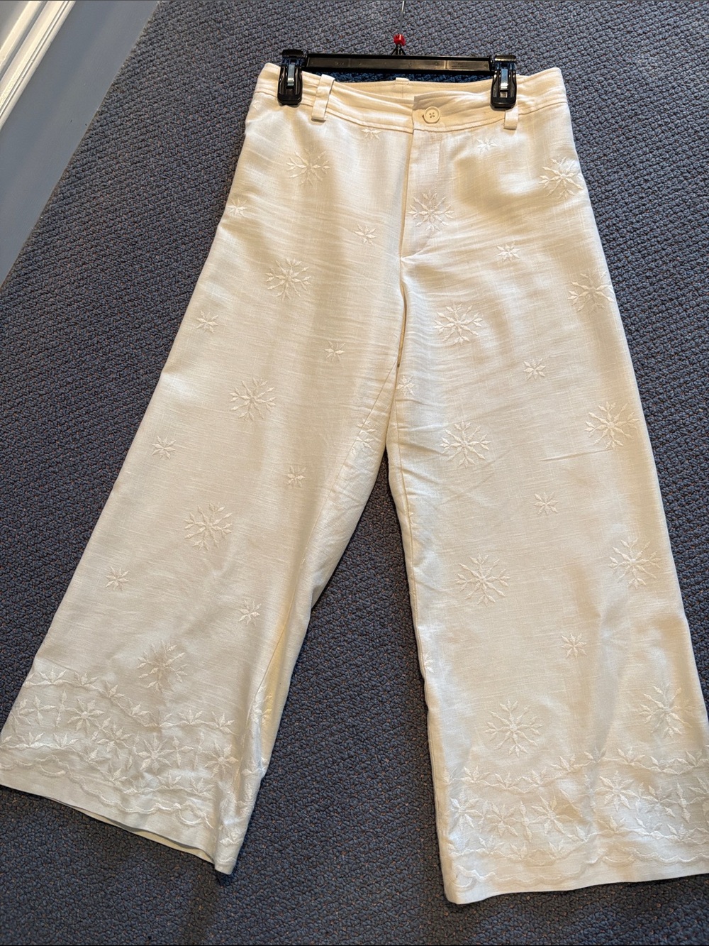 Zara Embroidered Wide-Leg Cream Crop Pants